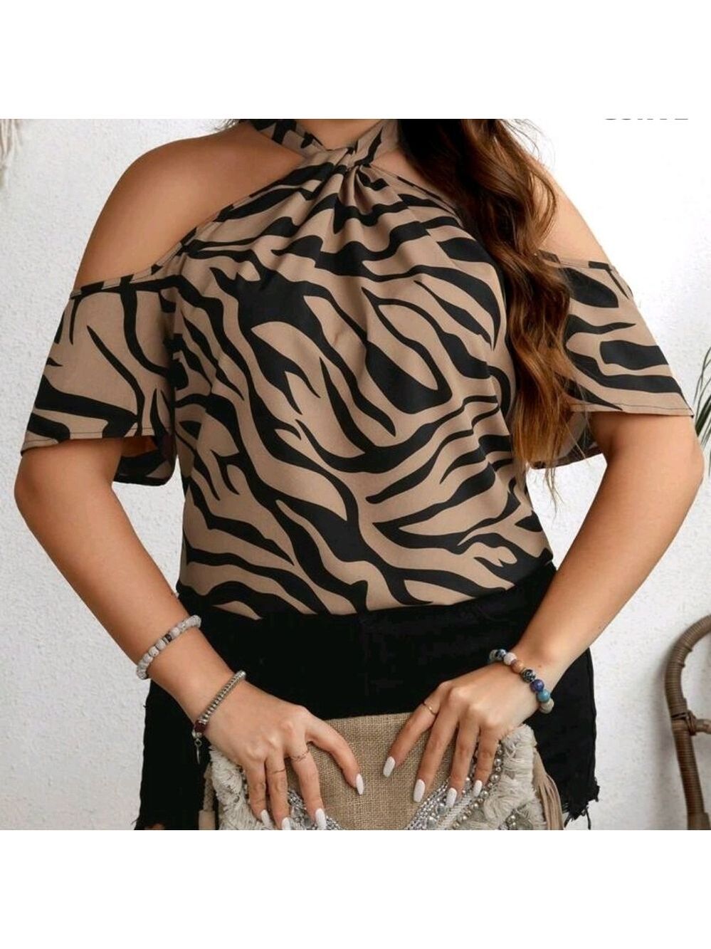 SHEIN Black Tan Zebra Print Cold Shoulder Blouse